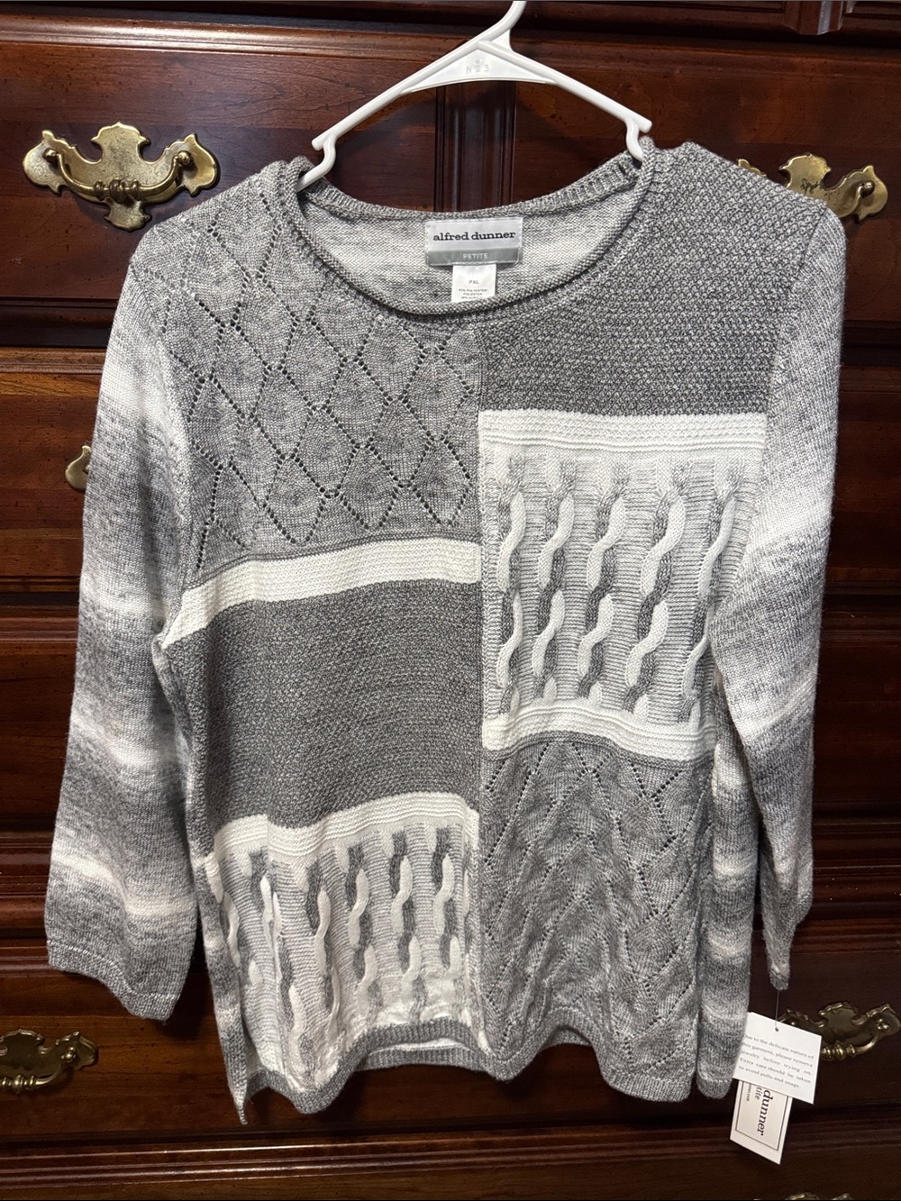 Alfred Dunner Gray & Cream Patchwork Cable Knit Sweater